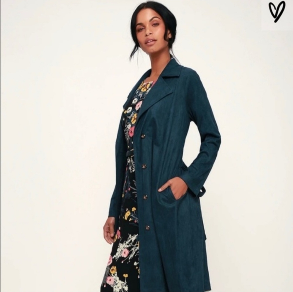 Lulu’s Marika Dark Teal Suede Trench Coat